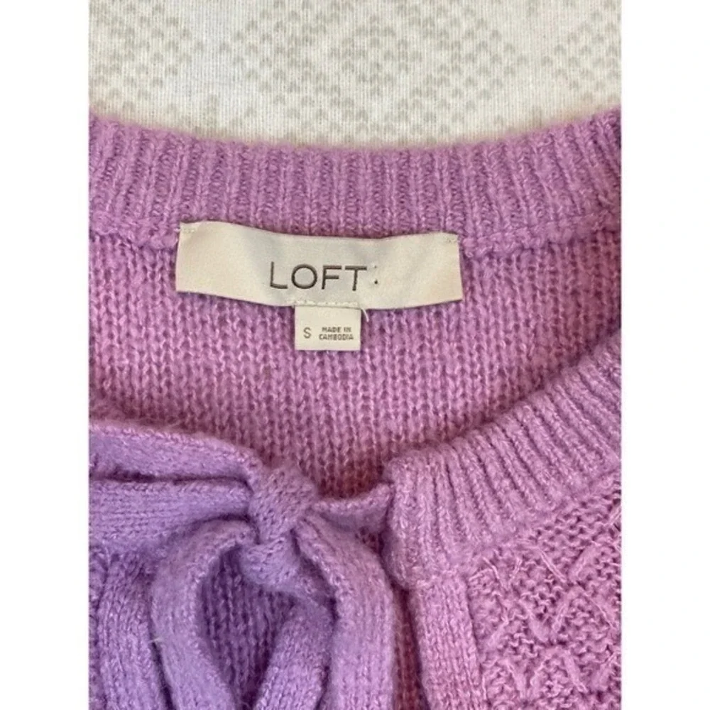 LOFT Sweater Womens Small Purple Tie‎ Neck Pointelle Knit Balloon Sleeve Cottage